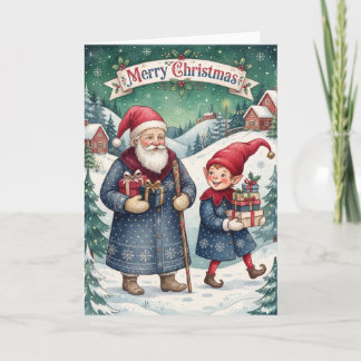 Feliz Navidad Tarjeta Vintage de Santa y Duende