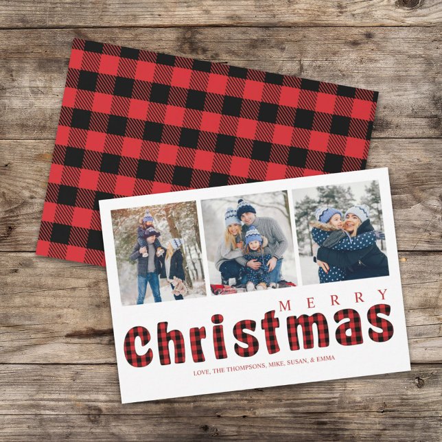 Feliz Navidad Tradicional Simple Búfalo Cheque (Merry Christmas red and black buffalo check typography multi photo greeting card. )