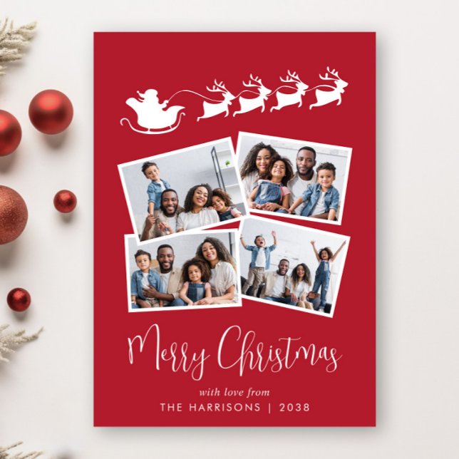 Feliz Navidad Trineo de Santa Foto Rojo (Share the love and warmth of the holiday season with this personalized photo Christmas card)