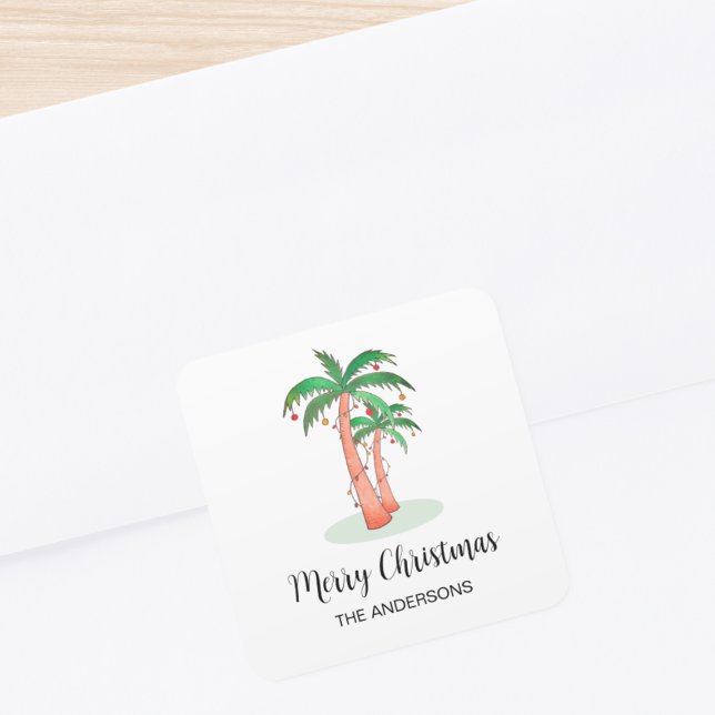 Feliz Navidad Tropical Palm Tree Square Pegatina (Subido por el creador)