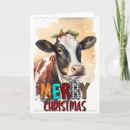 Feliz Navidad Vaca Marrón Tarjeta Holly