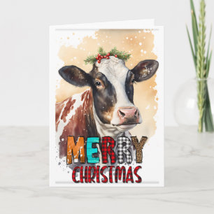 Feliz Navidad Vaca Marrón Tarjeta Holly