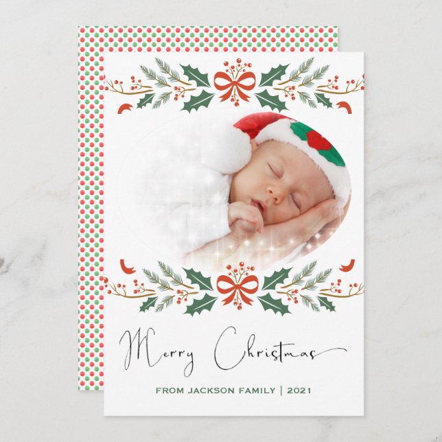 Feliz Navidad Verde Rojo Foto Moderna (Anverso / Reverso)
