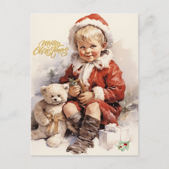 Feliz Navidad Vintage Child con oso Teddy (Anverso)