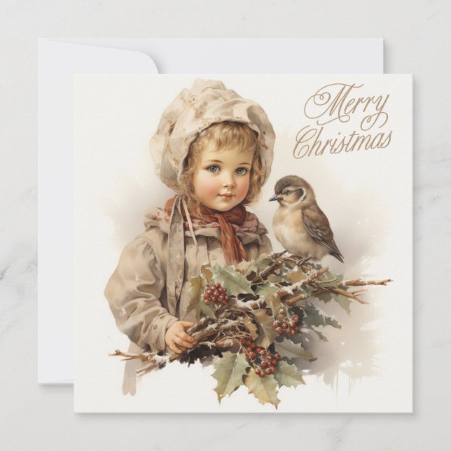 Feliz Navidad Vintage Child con pájaro (Anverso)