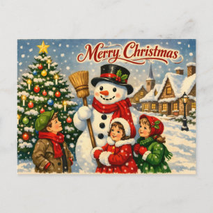 Feliz Navidad Vintage Niños y Muñeco de Nieve