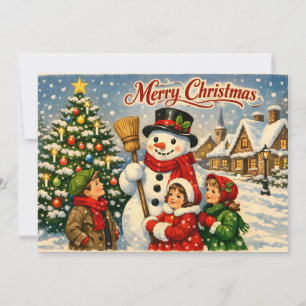 Feliz Navidad Vintage Niños y Muñeco de Nieve