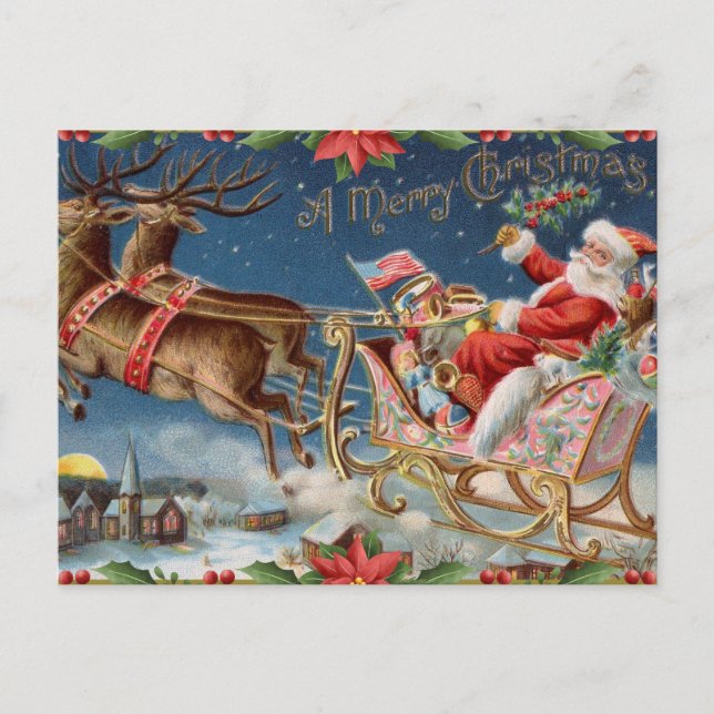 Feliz Navidad Vintage Santa Claus en Sleigh (Anverso)