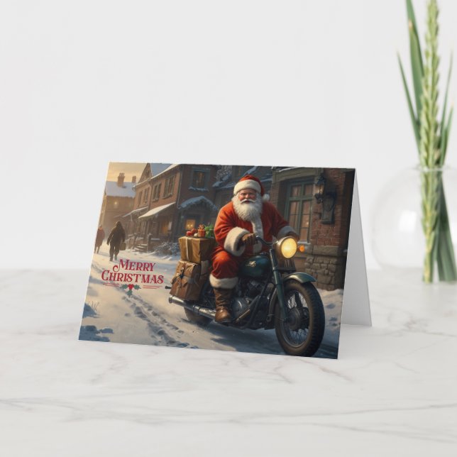 Feliz Navidad Vintage Santa en motocicleta (Anverso)