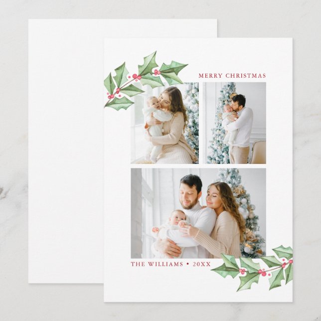 Feliz Navidad Watercolor Holly 3 fotos vacaciones (Anverso / Reverso)