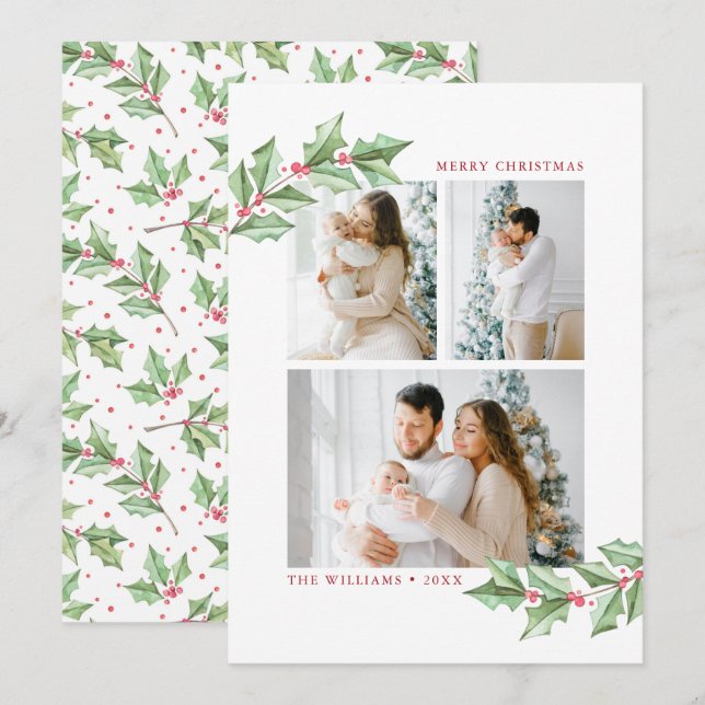 Feliz Navidad Watercolor Holly 3 fotos vacaciones (Anverso / Reverso)