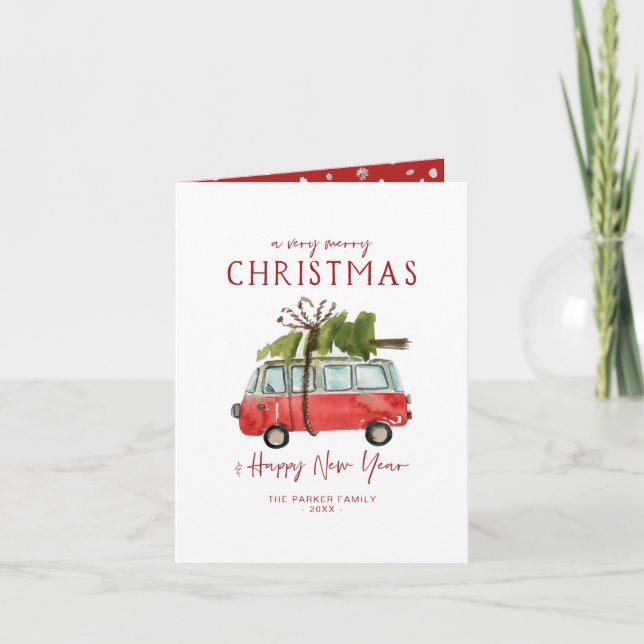 Feliz Navidad | Watercolor Red Van Holiday (Anverso)
