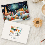 Feliz Navidad Whimsical Winter Village<br><div class="desc">Esta tarjeta de Navidades de personalizable presenta una hermosa y caprichosa escena de pueblo invernal en la parte delantera, con casas coloridas frente a un paisaje nevado bajo un cielo estrellado por la noche. El encantador estilo, dibujado a mano, evoca un ambiente acogedor y festivo, perfecto para difundir la alegría...</div>