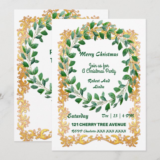 Feliz Navidad Wreath Gold Frame Party Invitación (Anverso / Reverso)