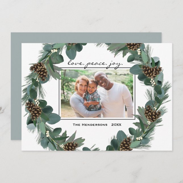Feliz Navidad Wreath Love Peace Joy Family Photo (Anverso / Reverso)