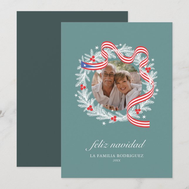 Feliz Navidad Wreath Photo Tarjeta de vacaciones p (Anverso / Reverso)