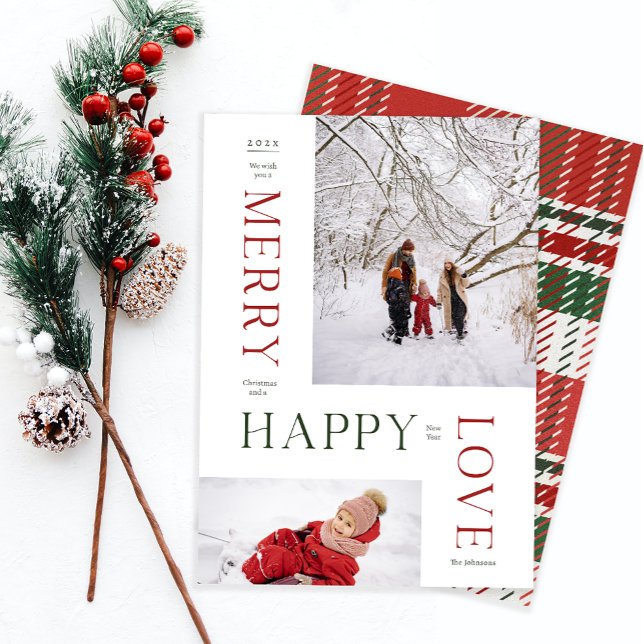 Feliz Navidad y feliz Año Nuevo 2 foto (We wish you a Merry Christmas and a Happy new year. 2 photo holiday card with plaid backside pattern)
