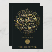 Feliz Navidad y Feliz Año Nuevo en negro y oro