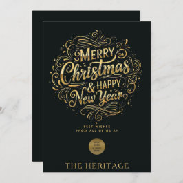 Feliz Navidad y Feliz Año Nuevo en negro y oro