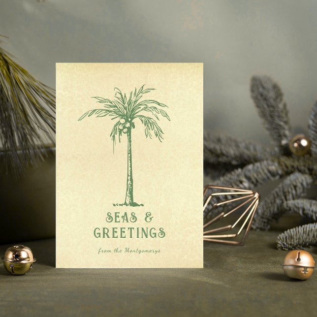 Feliz Navidad y Saludos Palma Tropical de Navidad (Seas and Greetings Tropical Palm Tree Christmas Holiday Card)