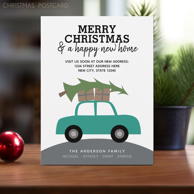 Feliz Navidad y un nuevo domicilio moviéndose (Holiday moving postcard with an area to add your new address. Cute car with Christmas tree on top.)