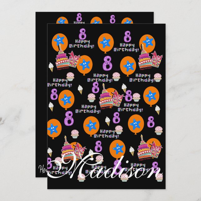 Feliz octavo cumpleaños de invitación a cumpleaños (Anverso / Reverso)