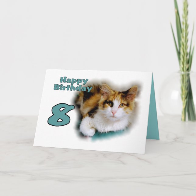 Feliz octavo cumpleaños tarjeta de gato de Calico (Anverso)