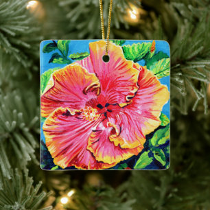 Feliz Ornamento Aloha Rosa Hibiscus Cerámico