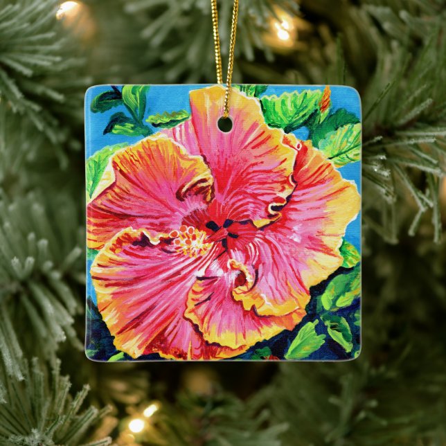 Feliz Ornamento Aloha Rosa Hibiscus Cerámico (Árbol)