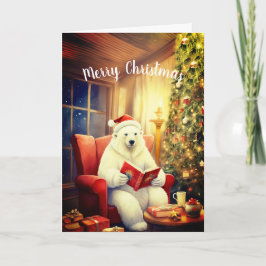 Feliz oso navideño leyendo en una cómoda tarjeta d