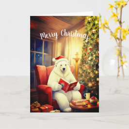 Feliz oso navideño leyendo en una cómoda tarjeta d