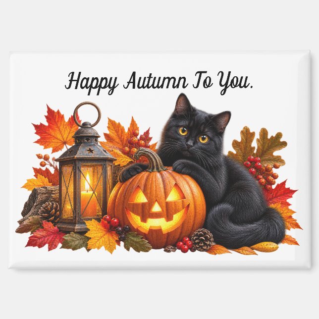 Feliz Otoño Imán de Gato Negro (Anverso)