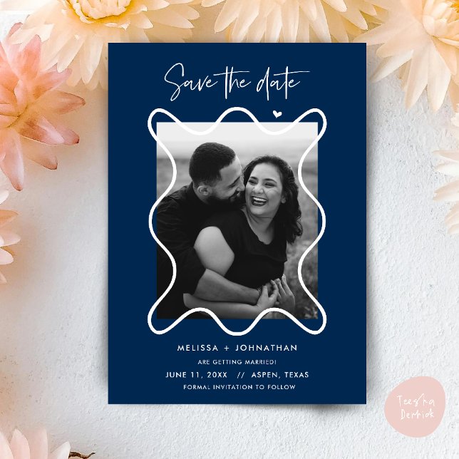 Feliz Pareja Guardar la invitación boda de fecha (Happy Couple Save the date wedding announcement whimsical in navy blue)