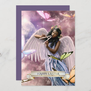 Feliz Pascua. Angel con tarjetas de mariposas