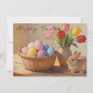 Feliz Pascua con Huevos Coloridos y Tulipanes