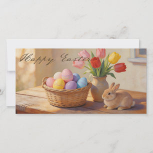 Feliz Pascua con Huevos Coloridos y Tulipanes
