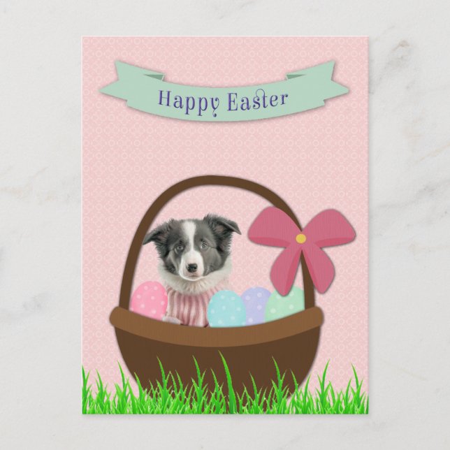Feliz Pascua con Perro en Tarjeta Postal de Cesta  (Anverso)
