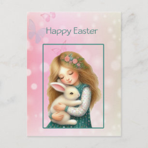 Feliz Pascua con tarjeta de niña linda y conejo