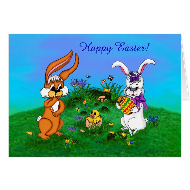 ¡Feliz Pascua! Conejo con conejo y pollo (Anverso (Horizontal))
