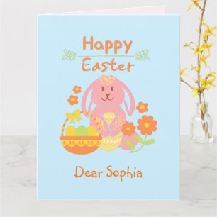 Feliz Pascua Conejo Rosa y Flores Tarjeta