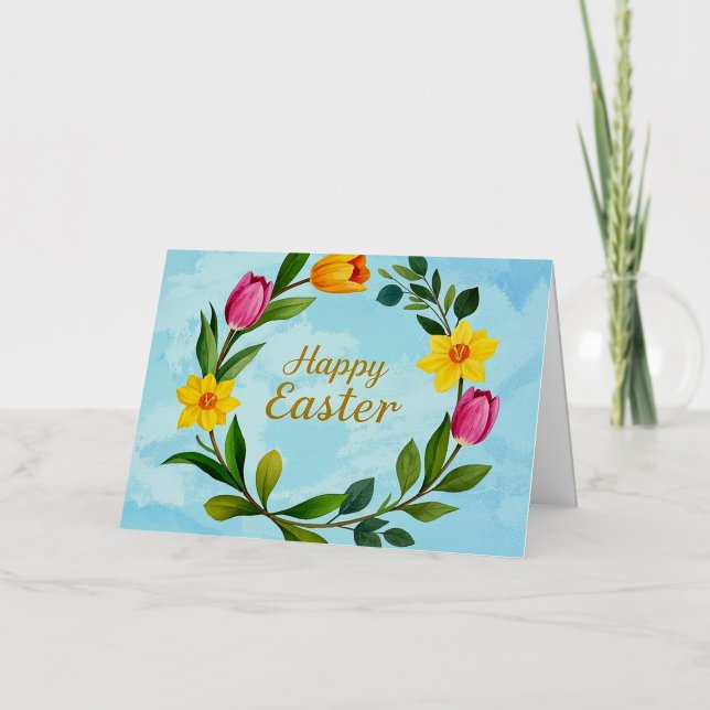 Feliz Pascua Corona de tulipanes en acuarela (Anverso)