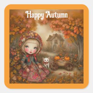Feliz Pegatina Cuadrada de Otoño
