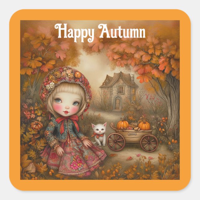 Feliz Pegatina Cuadrada de Otoño (Anverso)