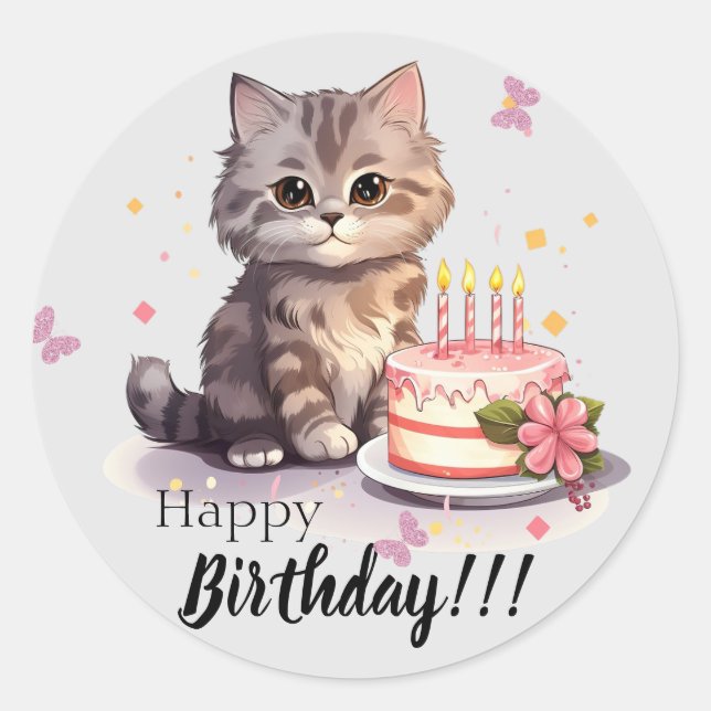 Feliz Pegatina de cumpleaños con lindo gatito y pa (Anverso)