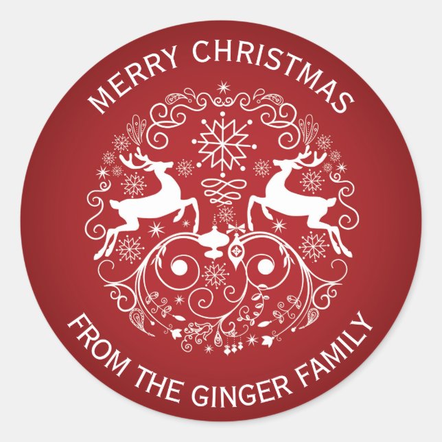 Feliz Pegatina de Navidad Deer y Swirls Round (Anverso)