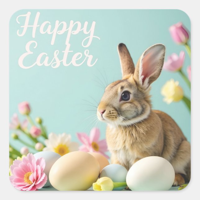 Feliz pegatina de Pascua con conejo y flores (Anverso)