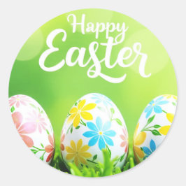 Feliz pegatina de Pascua con huevos en la hierba