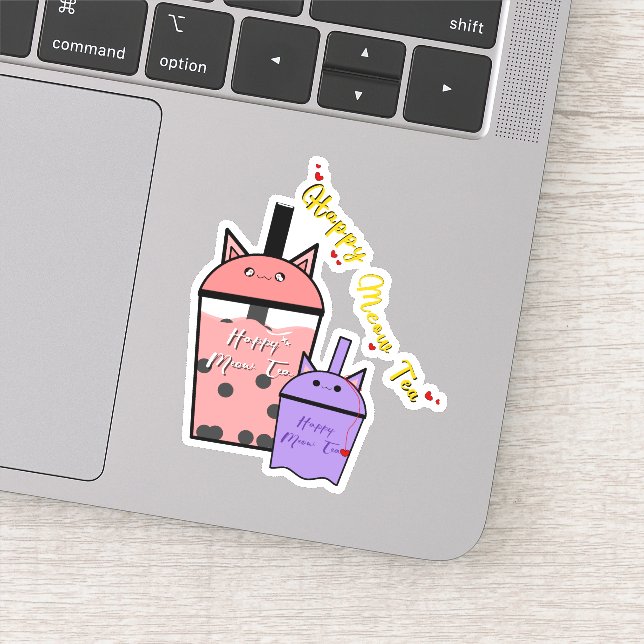 Feliz pegatina de vinilo de té Meow  (Detalle)