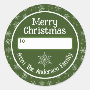 Feliz Pegatina Verde de Navidad con copas de nieve