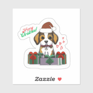 Feliz perro de Navidad con corazones Pegatinas